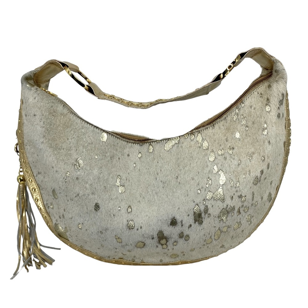 Junior Drake Gold Metallic Foil Calf Hair Studded Leather Shoulder Bag Hobo Tote